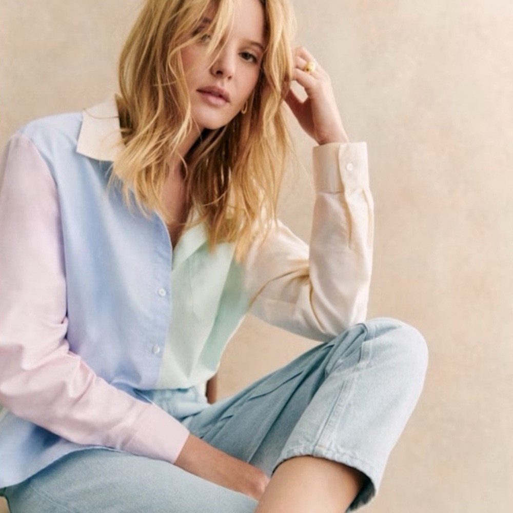 Sezane Tomboy Pastel Colorblock Button-Up Shirt size 40